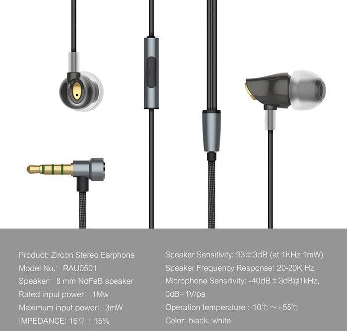 Rock Zircon Stereo Earphone with Mic Nano Material 3.5mm Audio Input HD Tone - Black