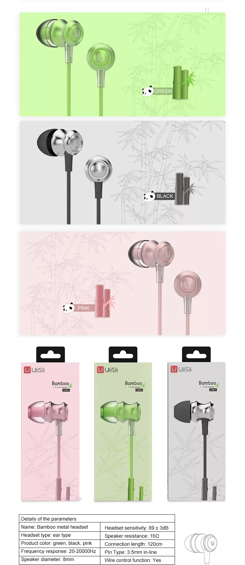 UiiSii US60 Bamboo Metal In ear Earphone Stereo Sound Headset with MIC Line Volume Control