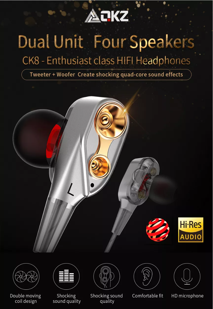 Original QKZ CK8 Wired Dual Moving Coil Heavy Bass Stereo In-ear Earphone with Microphone Line Control