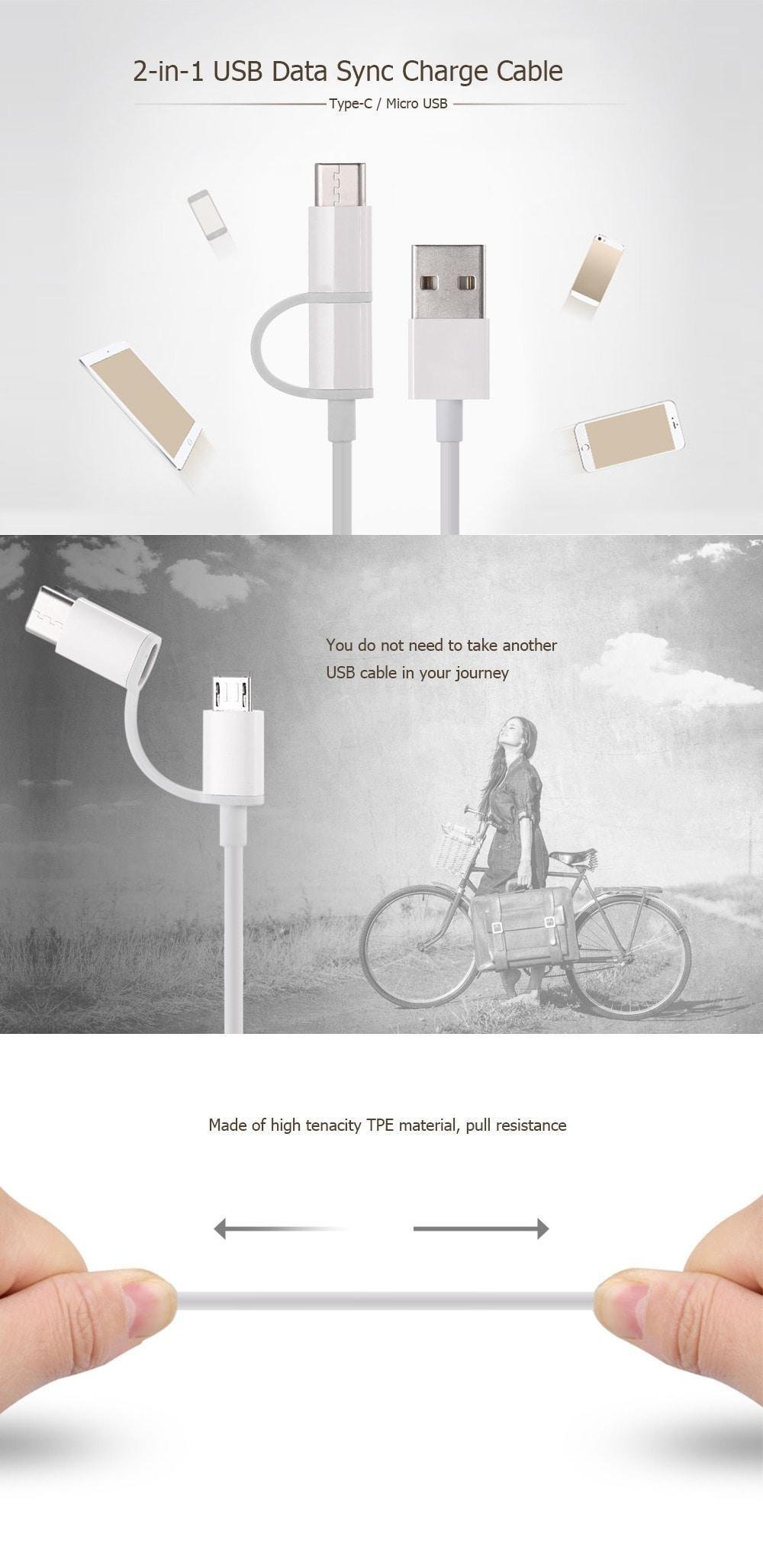 Original Xiaomi Micro USB Type-C Cable Data Sync Charging Cord- White Original Xiaomi Micro USB Type-C Cable Data Sync Charging Cord- White