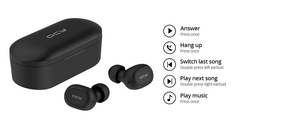 QCY T2C / T1S TWS Bluetooth Earphones Binaural Wireless Stereo Earbuds with Mic and Charging Dock- Black