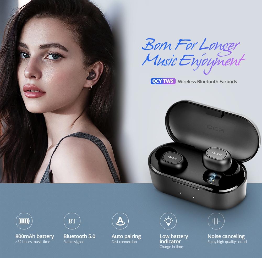 QCY T2C / T1S TWS Bluetooth Earphones Binaural Wireless Stereo Earbuds with Mic and Charging Dock- Black