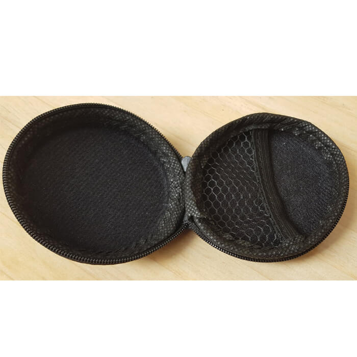 Semi hard rubber Earphone Pouch with zipper storage case round circle shape - black