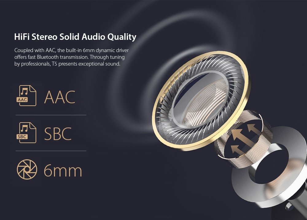 QCY T5 Bluetooth 5.0 Binaural In-ear Earphones Wireless Charging Earbuds with Mic and Charging Dock- Black