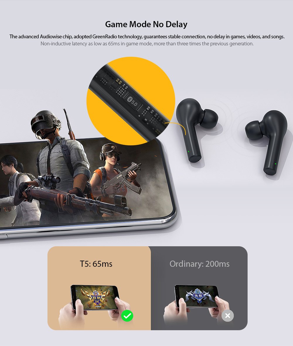 QCY T5 Bluetooth 5.0 Binaural In-ear Earphones Wireless Charging Earbuds with Mic and Charging Dock- Black