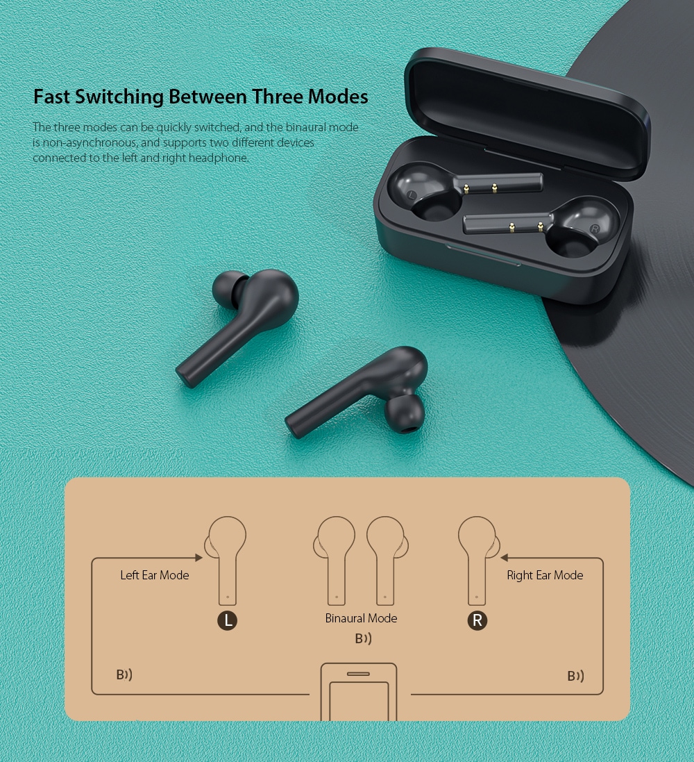 QCY T5 Bluetooth 5.0 Binaural In-ear Earphones Wireless Charging Earbuds with Mic and Charging Dock- Black