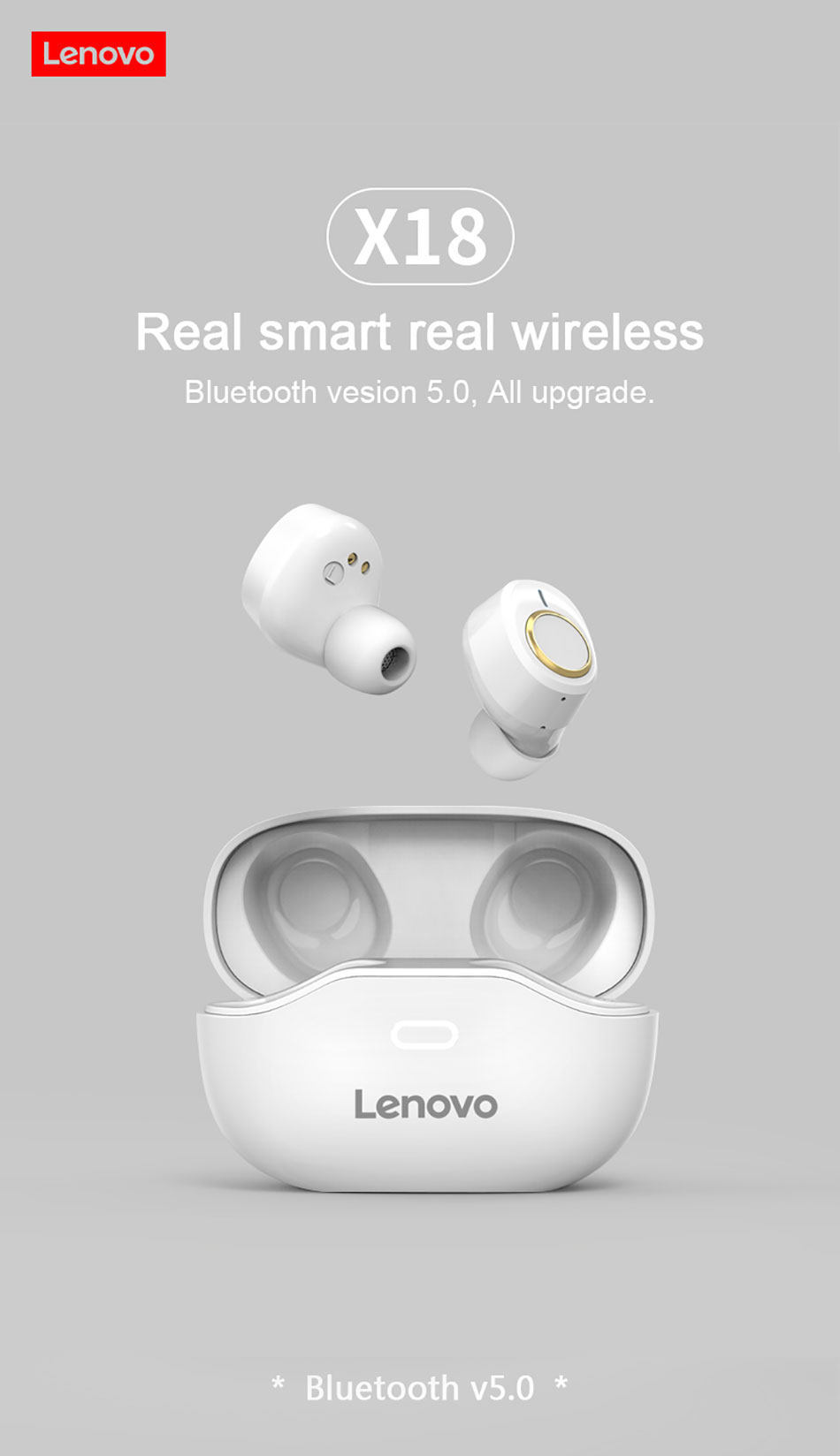 Original Lenovo X18 TWS Wireless Bluetooth 5.0 Earbuds Mini In-Ear Sports Headphones with Touch Control and Charging Case with Microphone - white
