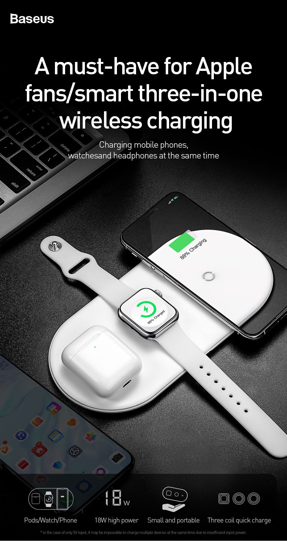 Original Baseus Smart 3 in 1 Wireless Charger for mobile phones , Apple Watch, Pods Baseus Smart 3 In 1 Qi Wireless Charger For Iphone Apple Watch Airpods (7)