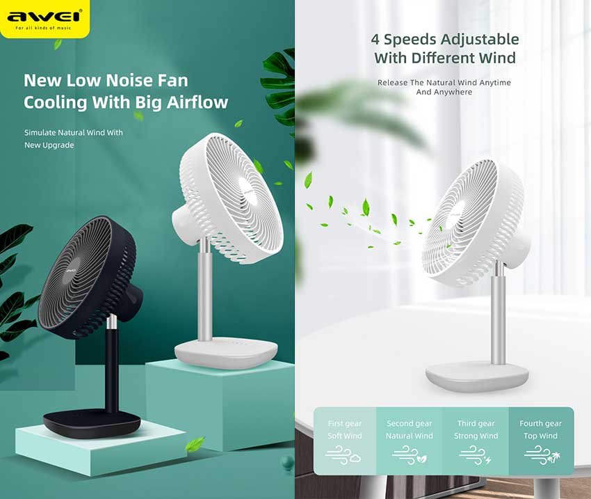 Original AWEI F23 RECHARGEABLE DESK FAN 4000mah - black Awei-Desk-Fan.jpg?1616391774861
