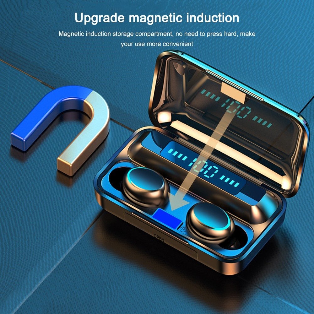 F9-5 TWS Bluetooth 5.0 Sports Earphone True Wireless Touch Earphones 9D Stereo Music Waterproof Headset with Mic LED Display - Black