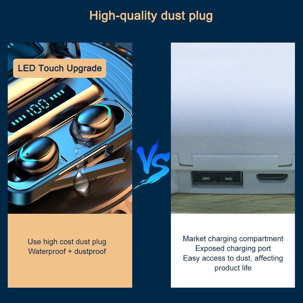 F9-5 TWS Bluetooth 5.0 Sports Earphone True Wireless Touch Earphones 9D Stereo Music Waterproof Headset with Mic LED Display - Black