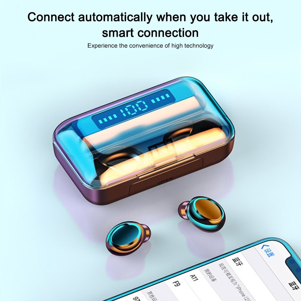 F9-5 TWS Bluetooth 5.0 Sports Earphone True Wireless Touch Earphones 9D Stereo Music Waterproof Headset with Mic LED Display - Black