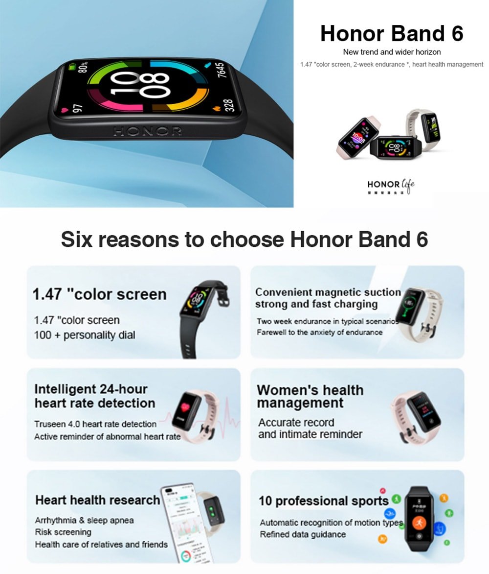 Honor Band 6 Smart Wristband 1.47 Inch Amoled Touch Screen Professional Sports Fitness Tracker Heart Rate Blood Oxygen Monitor Long Standby Smart Watch - White Honor Band 6 Smart Wristband 1.47 Inch Amoled Touch Screen Professional Sports Fitness Tracker Heart Rate Blood Oxygen Monitor Long Standby Smart Watch - White