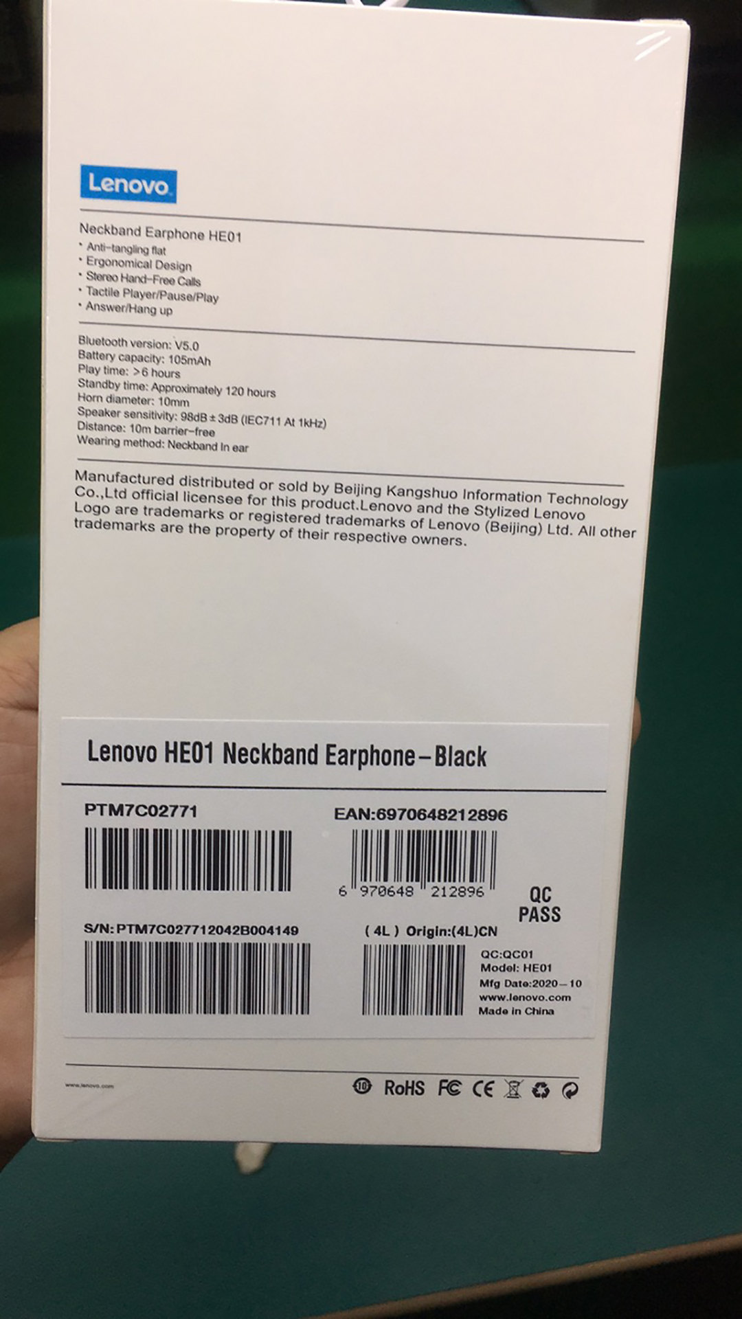 Original Lenovo HE01 Bluetooth 5.0 Neckband Wireless Earphones Stereo Sports Bluetooth Headset Sports Running Waterproof - black