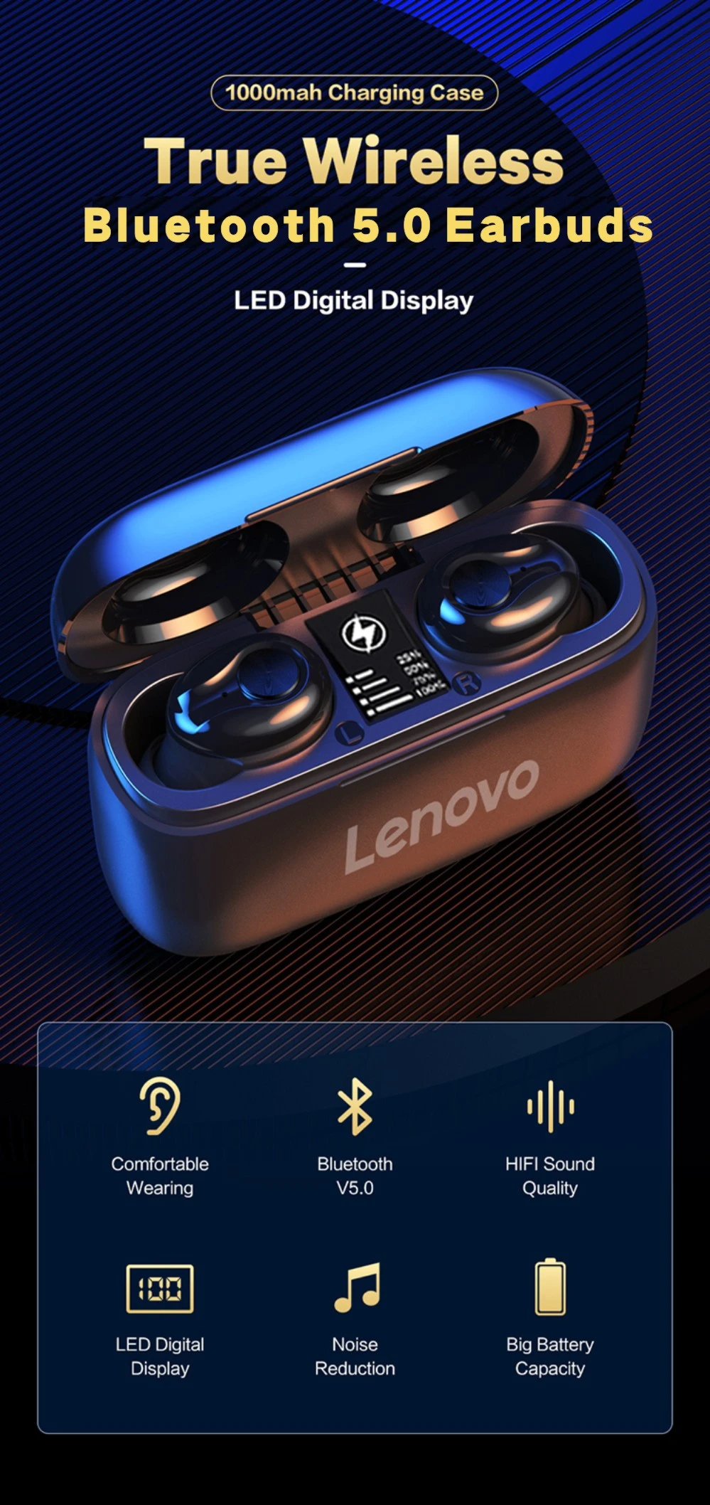 Original Lenovo HT18 TWS bluetooth 5.0 Earphone HiFi Stereo 1000mAh LED Power Display HD Call Touch Control Sport Headphone Earbuds - Black