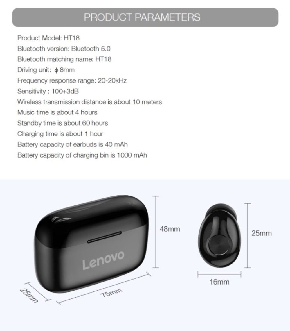 Original Lenovo HT18 TWS bluetooth 5.0 Earphone HiFi Stereo 1000mAh LED Power Display HD Call Touch Control Sport Headphone Earbuds - Black