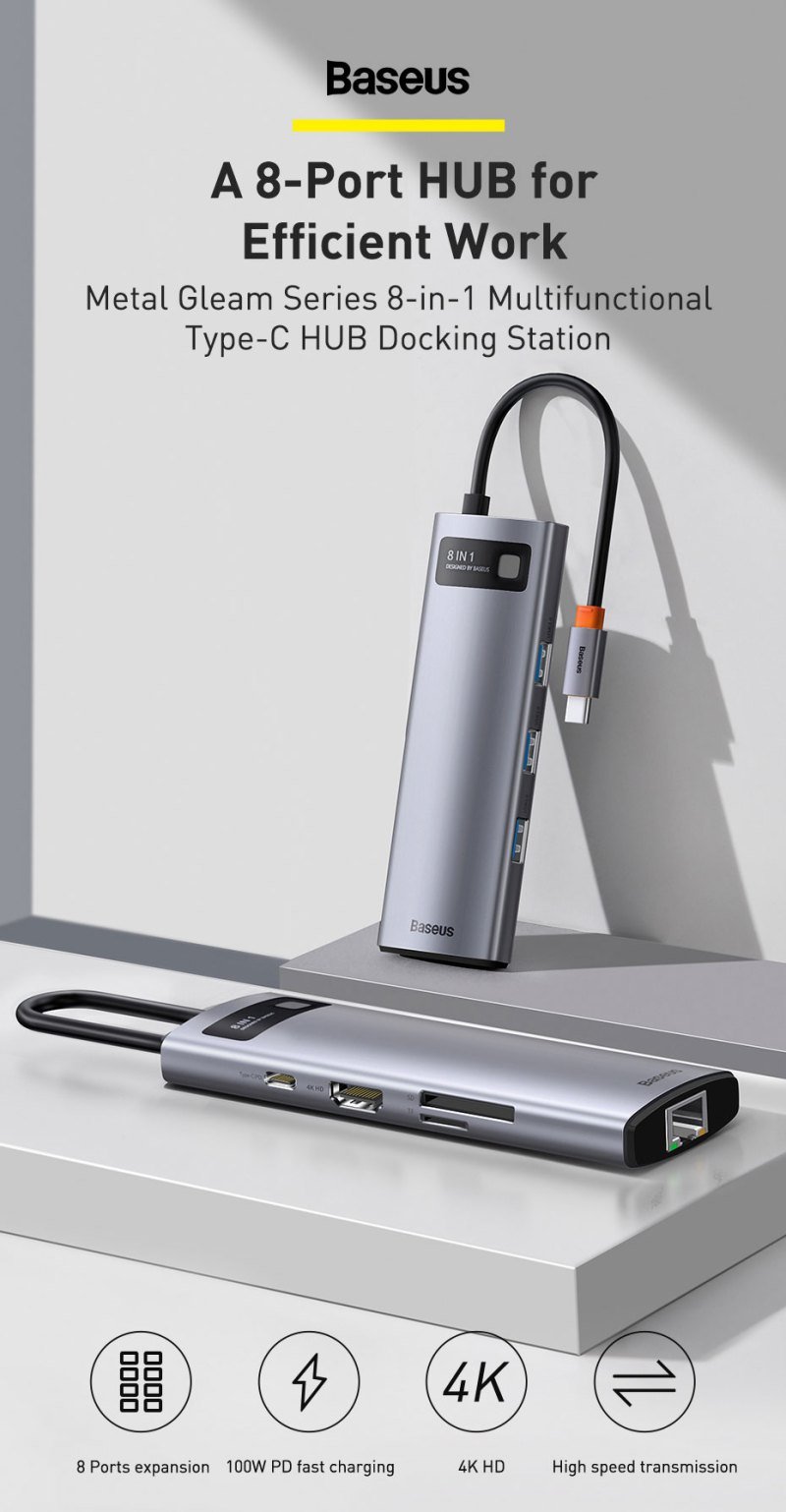 Baseus Metal Gleam Series 8-in-1 Multifunctional Type-C HUB Docking Station 4 Baseus Metal Gleam Series 8-in-1 Multifunctional Type-C HUB Docking Station 4