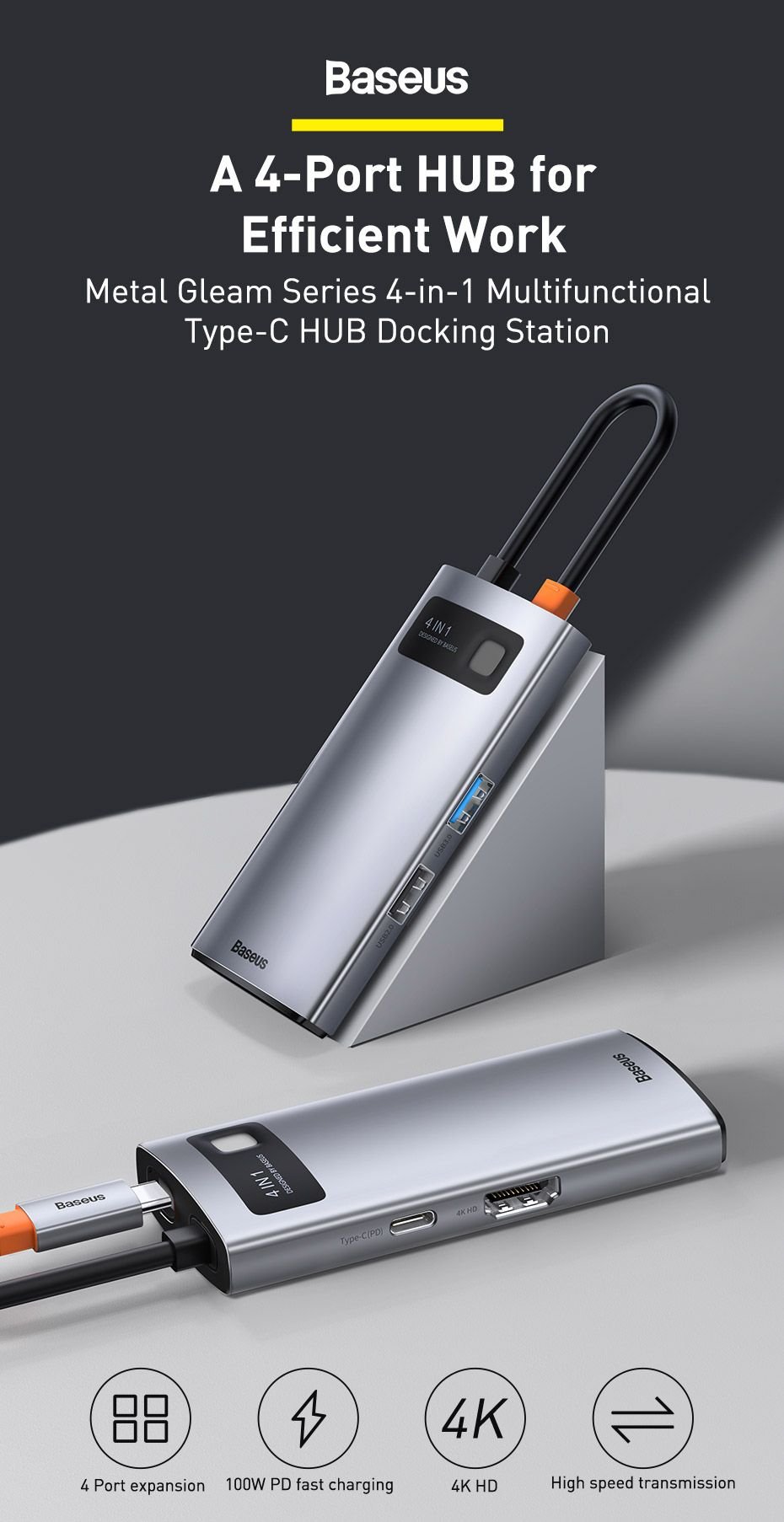 Baseus Metal Gleam Series 4 In 1 Multifunctional Type C Hub Docking Station (5)