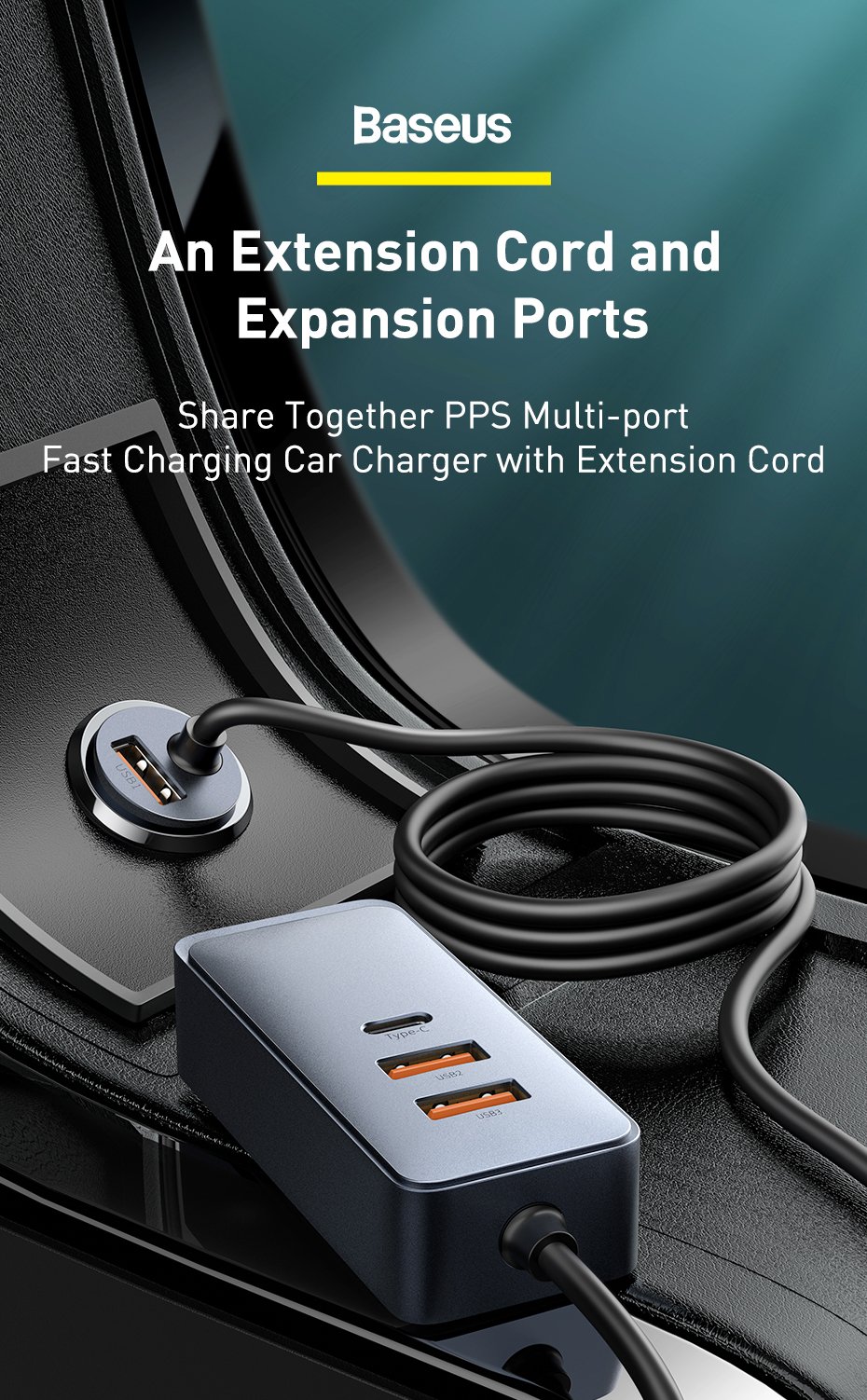 Original Baseus Share Together PPS Multi-port Fast Charging Car Charger With Extension Cord 120W 3U+1C 660500241A-1