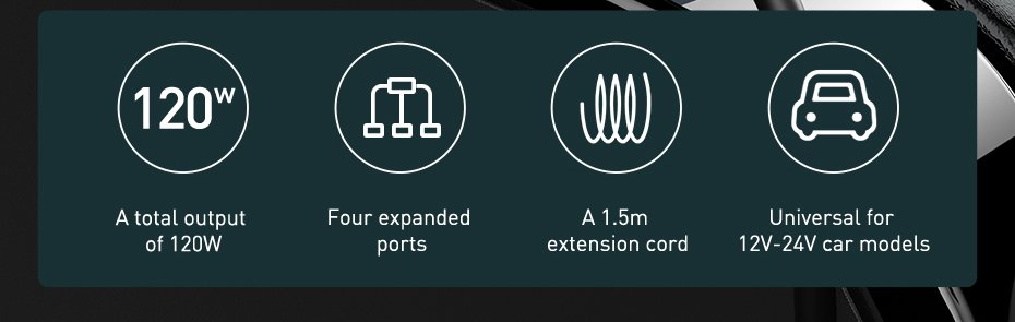 Original Baseus Share Together PPS Multi-port Fast Charging Car Charger With Extension Cord 120W 3U+1C 660500241A-2