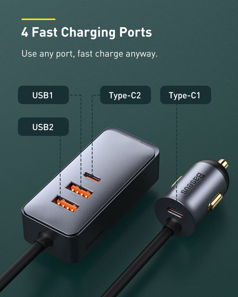 Original Baseus Share Together PPS Multi-port Fast Charging Car Charger With Extension Cord 120W 3U+1C 660500241A-3