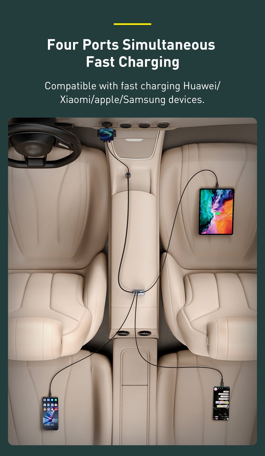 Original Baseus Share Together PPS Multi-port Fast Charging Car Charger With Extension Cord 120W 3U+1C 660500241A-7