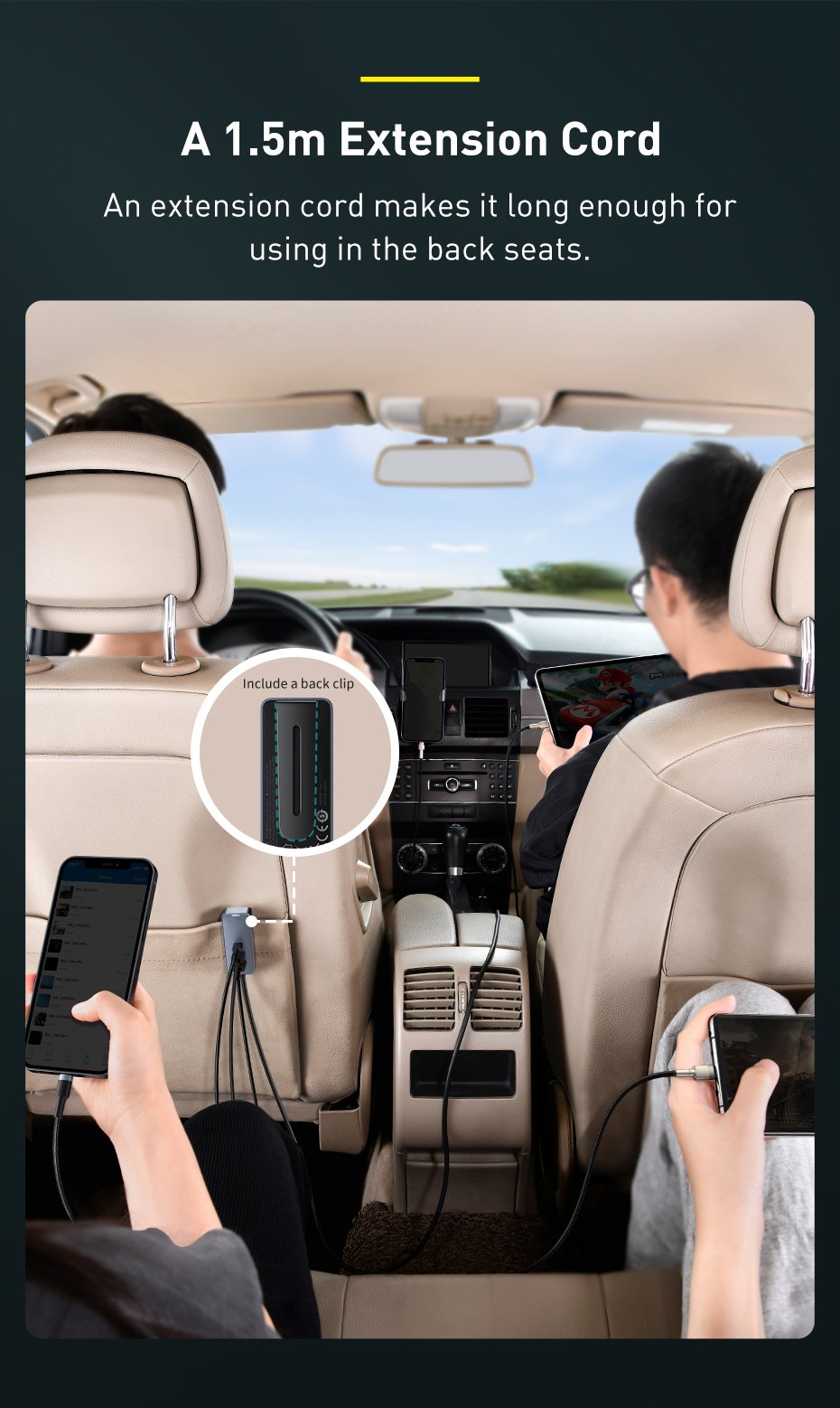 Original Baseus Share Together PPS Multi-port Fast Charging Car Charger With Extension Cord 120W 3U+1C 660500241A-9