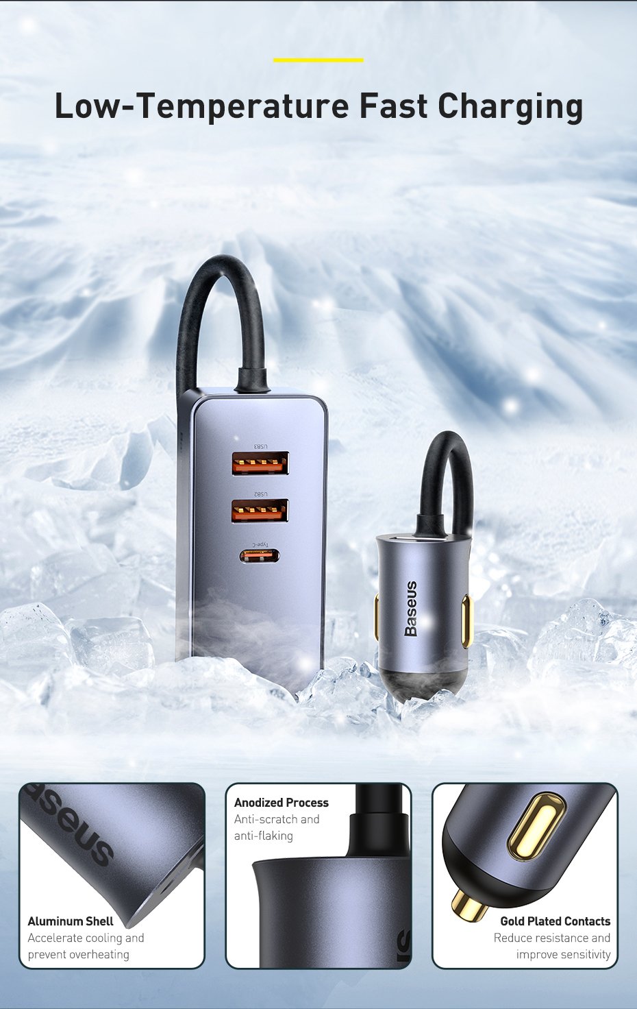 Original Baseus Share Together PPS Multi-port Fast Charging Car Charger With Extension Cord 120W 3U+1C 660500241A-12