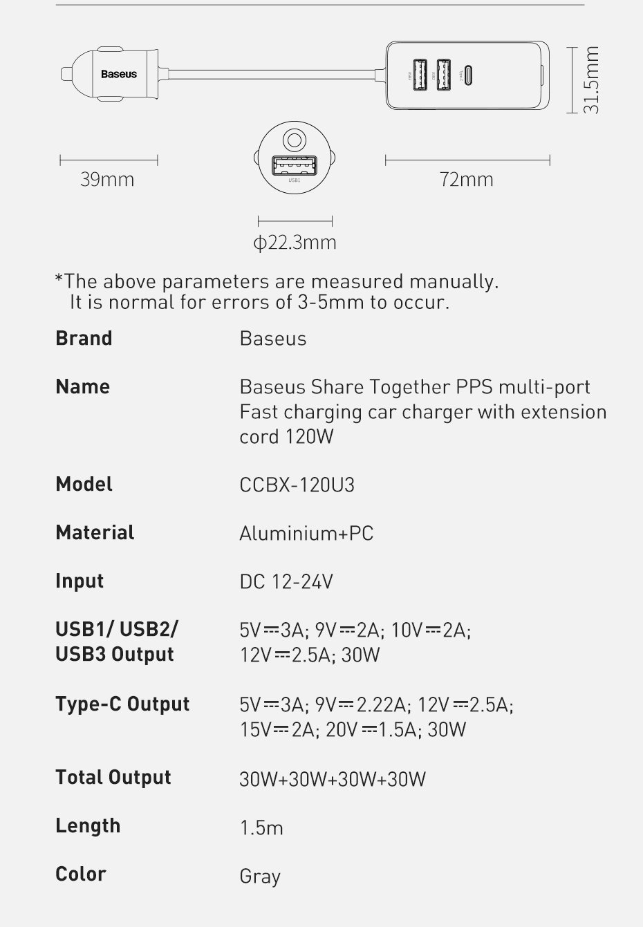 Original Baseus Share Together PPS Multi-port Fast Charging Car Charger With Extension Cord 120W 3U+1C 660500241A-17