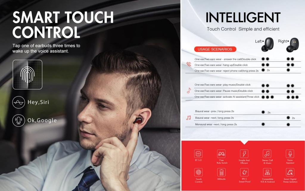 Original HAVIT I95 Touch Control TWS Wireless Earbuds Bluetooth Earphones Free Role Switch HD Stereo Wireless Earbuds Noise Cancelling Gaming Headset Havit I95 Tws Touch Control Earbuds (5)