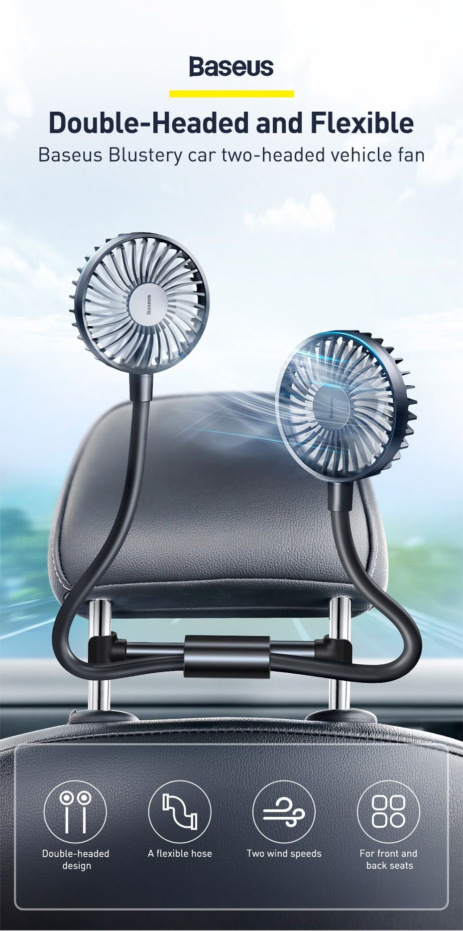 Baseus Blustery Car Two Headed Fan 360 Degree Air Cooling 2 Speed Adjustable Vehicle Fa (1 (3)