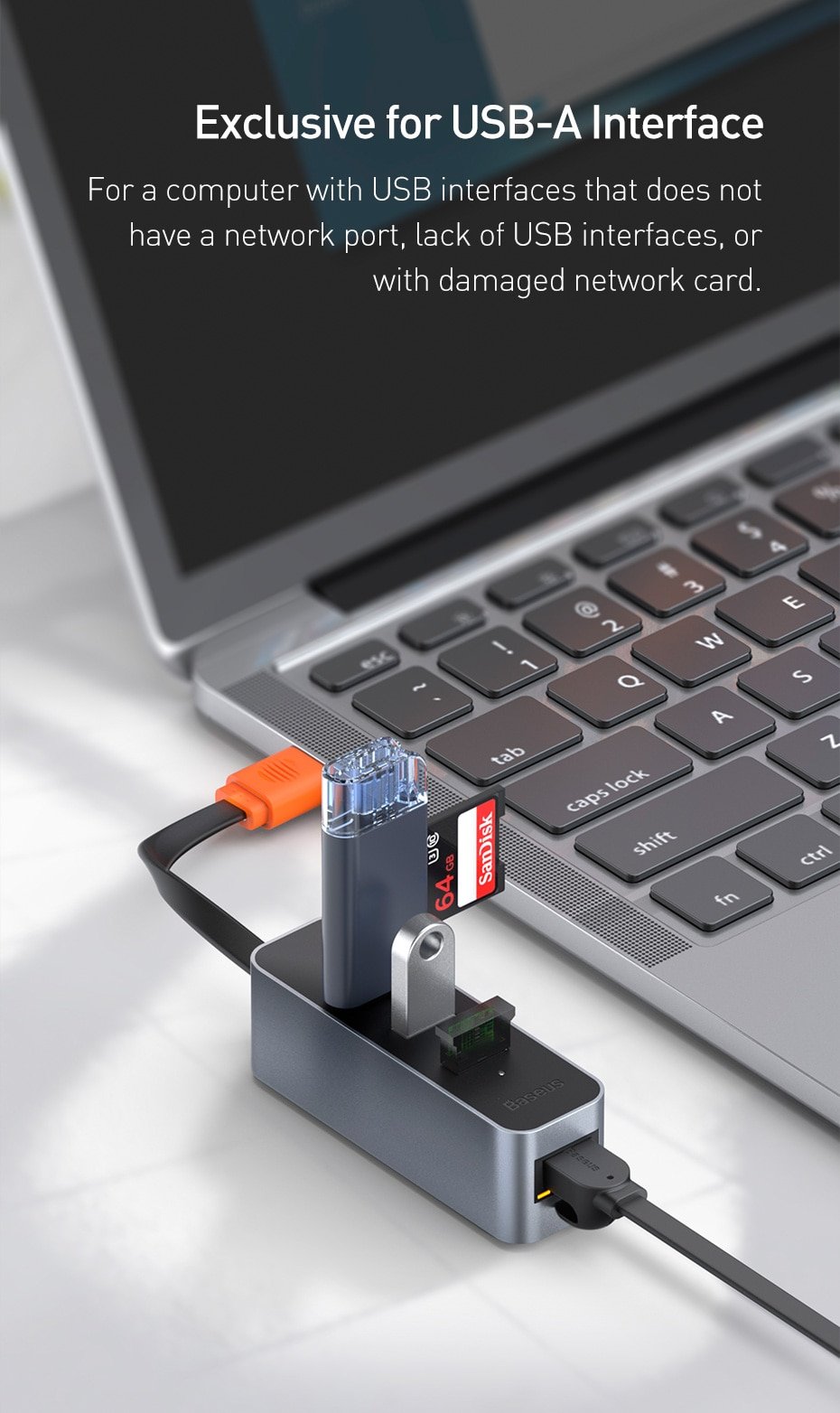 Original Baseus Steel Cannon Series USB A to USB3.0*3+RJ45 HUB Adapter