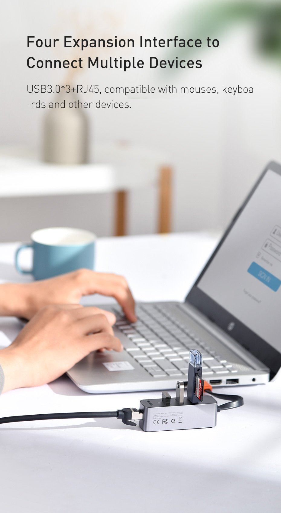 Original Baseus Steel Cannon Series USB A to USB3.0*3+RJ45 HUB Adapter