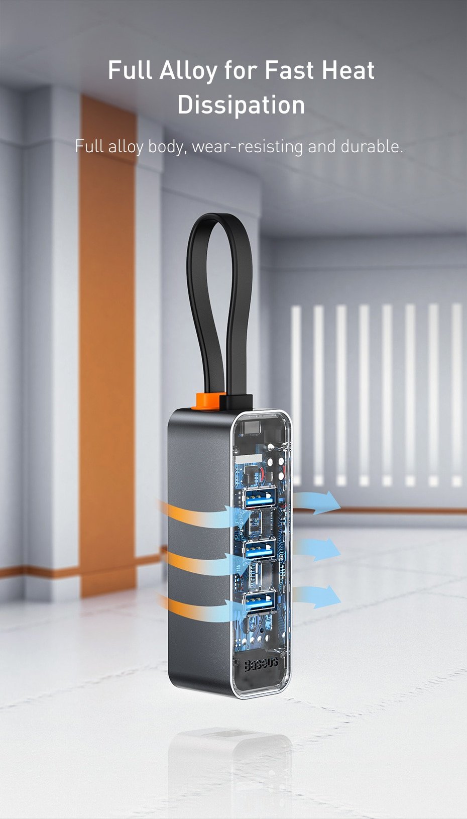 Original Baseus Steel Cannon Series USB A to USB3.0*3+RJ45 HUB Adapter