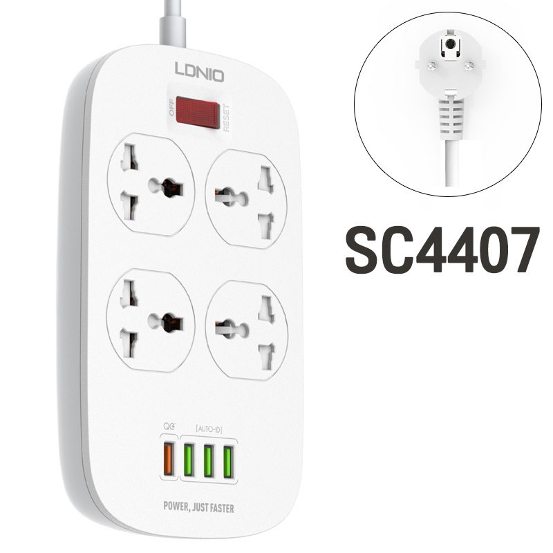 Original LDNIO SC4407 New Model Defender Series Qualcomm 3.0 Quick Charge 4 Ways Socket 4 USB with one QC 3.0 Port Multifunction Power Surge Protector 2 metres Cord.. Original LDNIO SC4407 New Model Defender Series Qualcomm 3.0 Quick Charge 4 Ways Socket 4 USB with one QC 3.0 Port Multifunction Power Surge Protector 2 metres Cord..