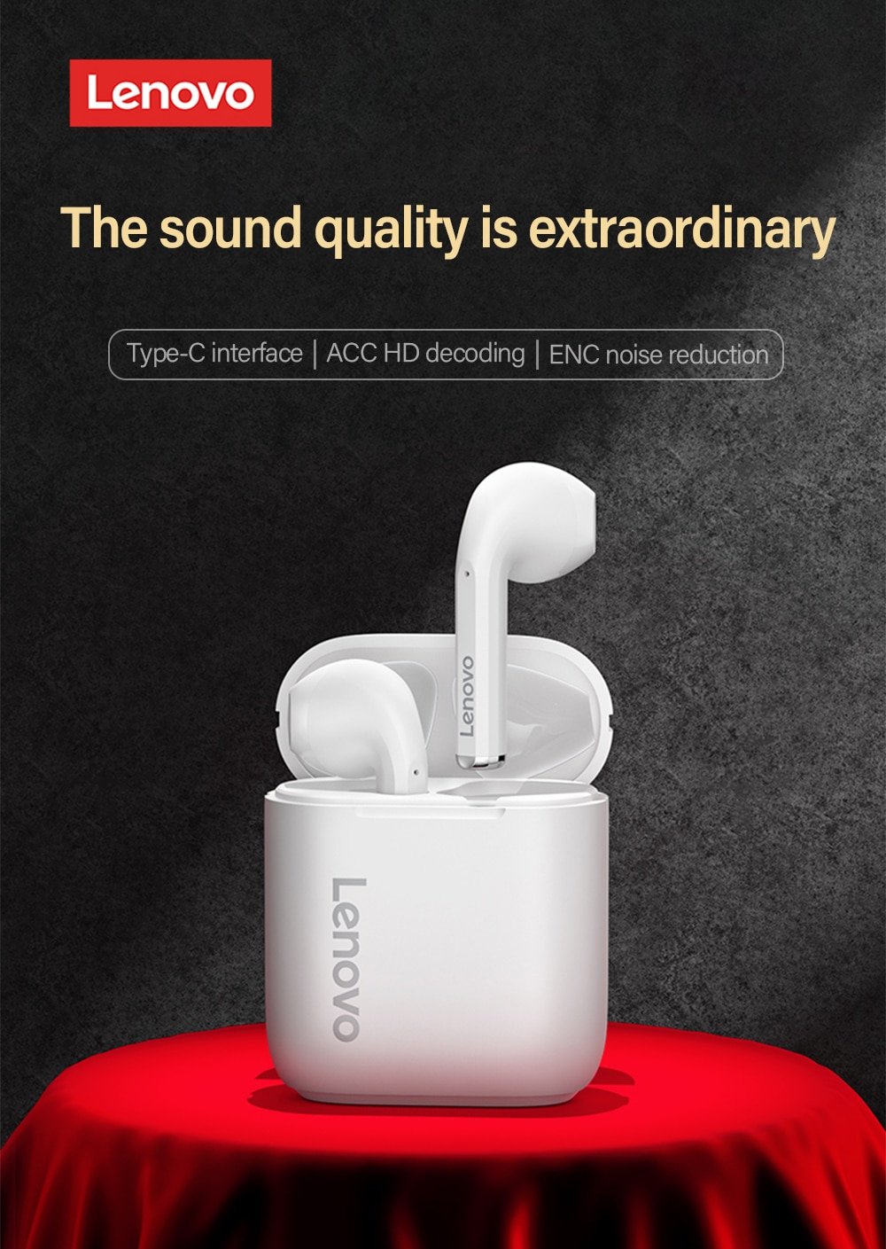 Original Lenovo LP2 Bluetooth Earphone Wireless Bluetooth 5.0 Mini In-ear Waterproof Noise Reduction - black