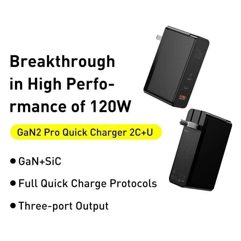 Original BASEUS GaN2 Pro Mini Dual Type-C + USB-A Quick Charger 120W - Black Baseus 102w Gan Mini Quick Charger Cca Ports (4)