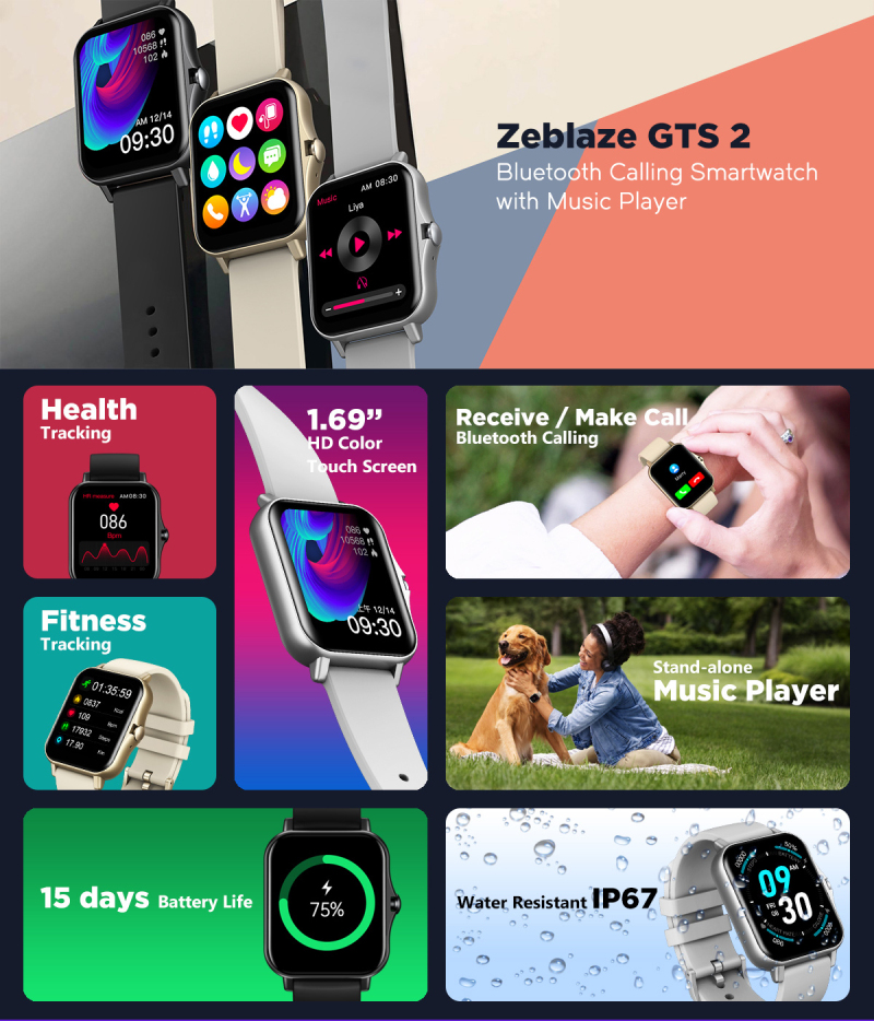 Original Zeblaze GTS 2 Smartwatch Music Player Receive/Make Call Heart Rate Long Life Smartwatch For Android IOS Phone - golden