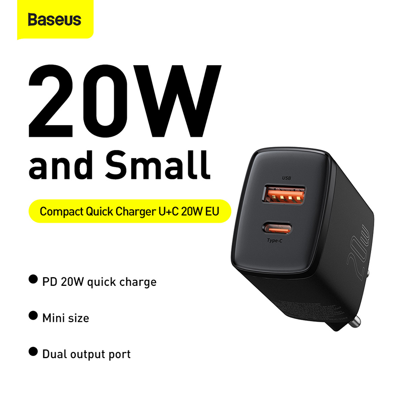 Original BASEUS Compact Quick Charger U+C Dual Ports 20W Adapter EU Plug