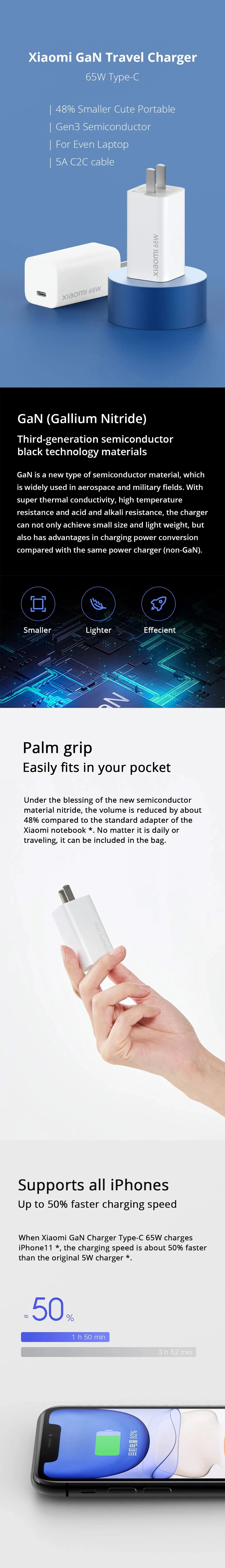 Original Xiaomi GaN 65W USB C Wall Charger 50% Faster PD Power Delivery With 1m Type-c-c Cable For Mi 10 Pro Mi Macbook MateBook Original Xiaomi GaN 65W USB C Wall Charger 50% Faster PD Power Delivery With 1m Type-c-c Cable For Mi 10 Pro Mi Macbook MateBook