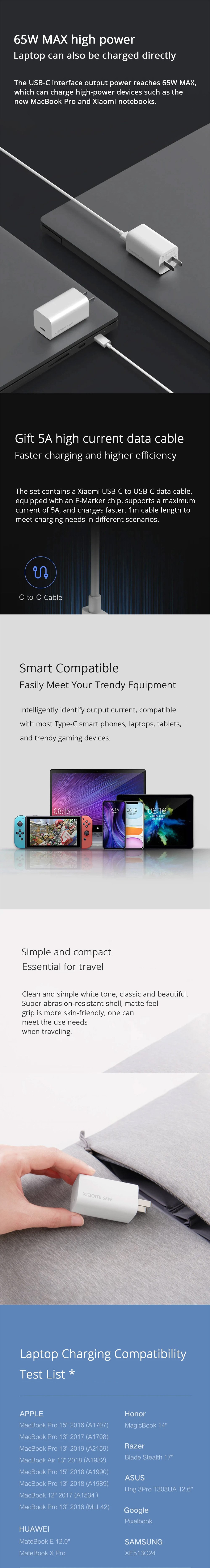 Original Xiaomi GaN 65W USB C Wall Charger 50% Faster PD Power Delivery With 1m Type-c-c Cable For Mi 10 Pro Mi Macbook MateBook Original Xiaomi GaN 65W USB C Wall Charger 50% Faster PD Power Delivery With 1m Type-c-c Cable For Mi 10 Pro Mi Macbook MateBook