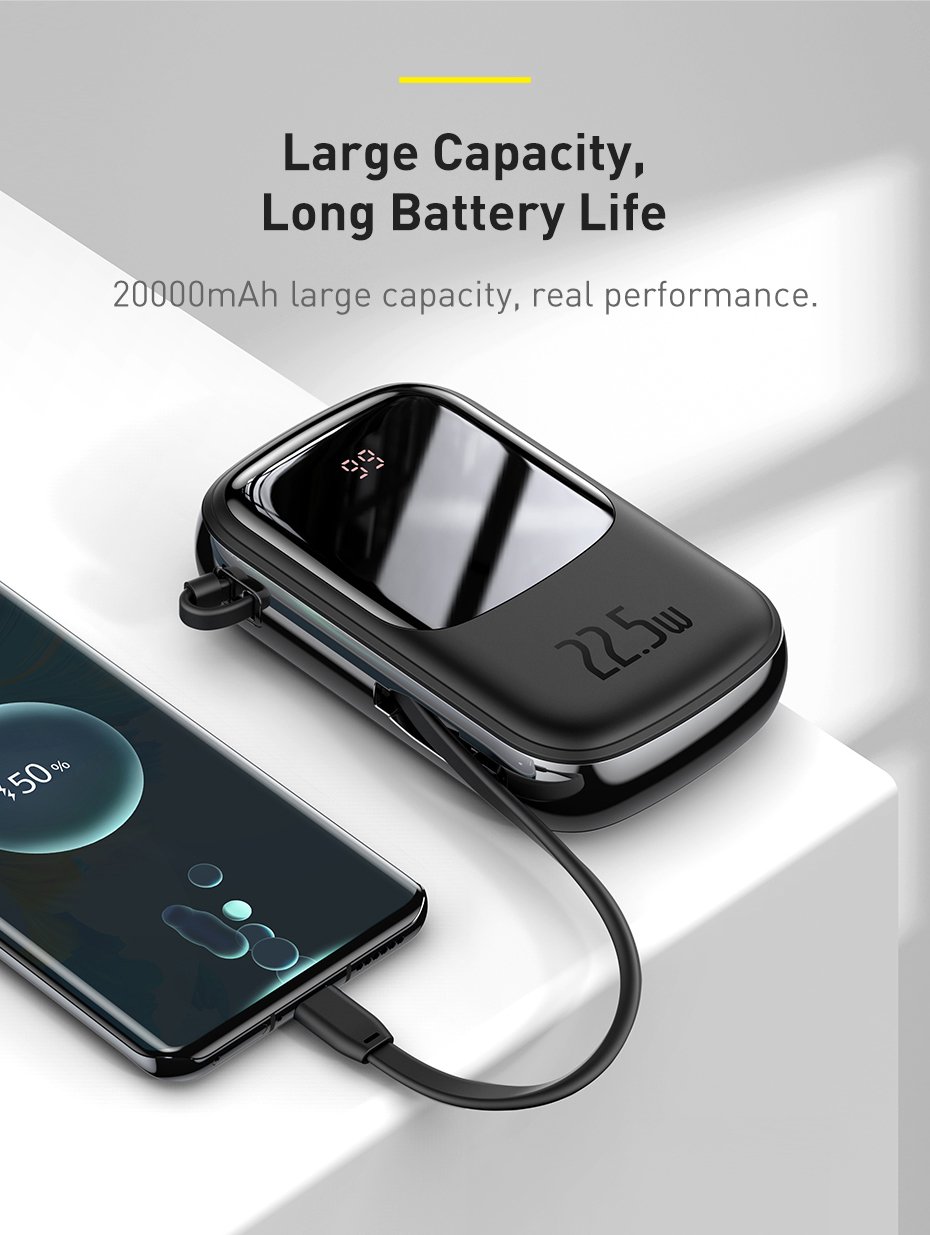 Original Baseus Qpow Digital Display quick charging power bank 20000mAh 22.5W With Type-C Cable Black PPQD-I01 101720225A-7