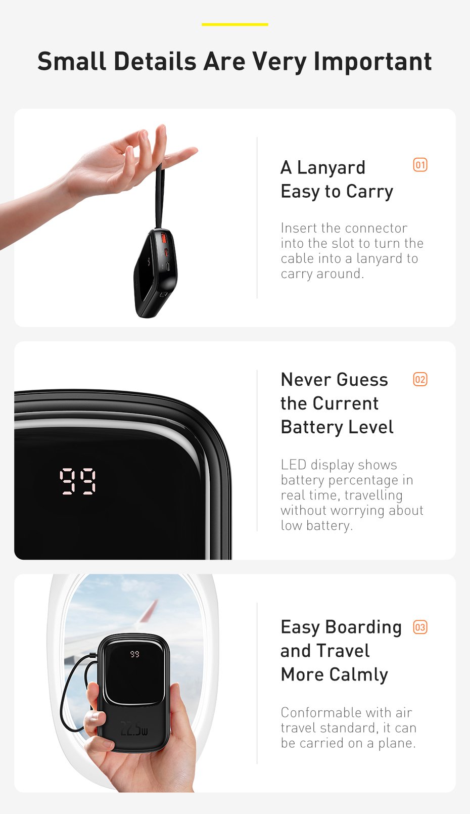 Original Baseus Qpow Digital Display quick charging power bank 20000mAh 22.5W With Type-C Cable Black PPQD-I01 101720225A-11