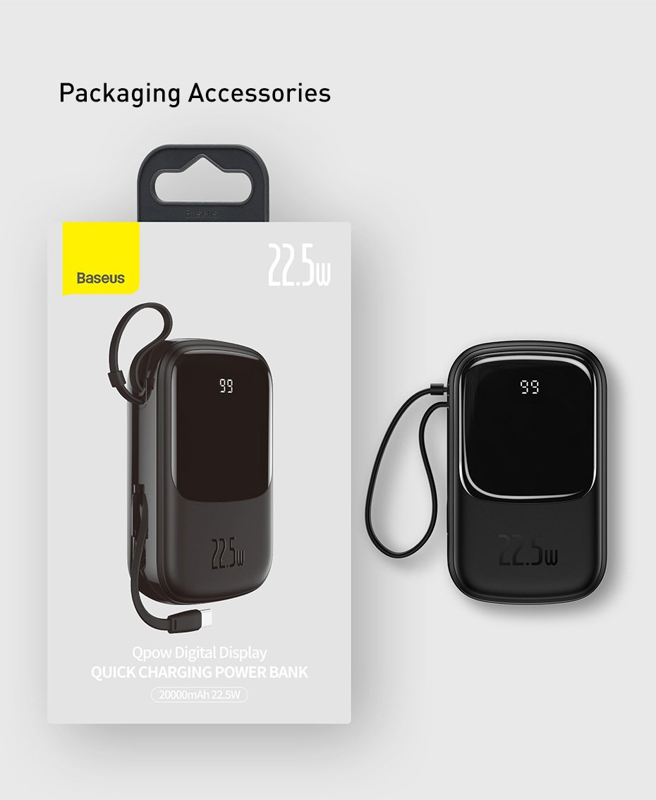 Original Baseus Qpow Digital Display quick charging power bank 20000mAh 22.5W With Type-C Cable Black PPQD-I01 101720225A-14