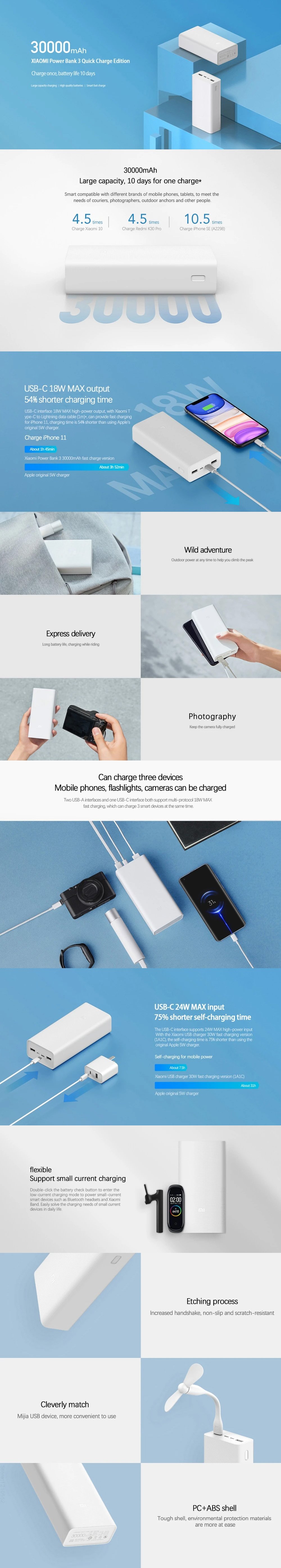 Original Xiaomi Mi 30000mAh 3 USB C 18W Power Bank – White Original Xiaomi Mi 30000mAh 3 USB C 18W Power Bank – White