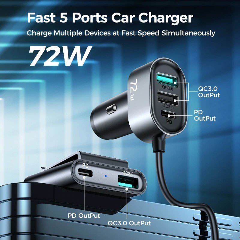 Original JOYROOM JR-CL05 72W Multi-port QC3.0+PD Fast Car Charger Adapter 5 Multi-port(2 PD + 3 QC3.0) Fast Car Charger Adapter 72W for Front/Back Seat Charging
