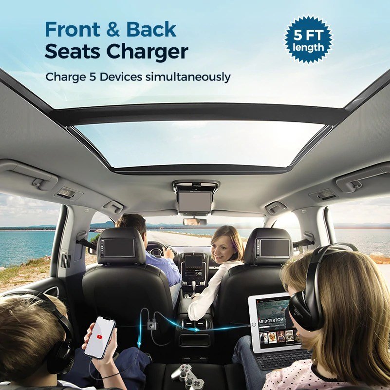 Original JOYROOM JR-CL05 72W Multi-port QC3.0+PD Fast Car Charger Adapter 5 Multi-port(2 PD + 3 QC3.0) Fast Car Charger Adapter 72W for Front/Back Seat Charging