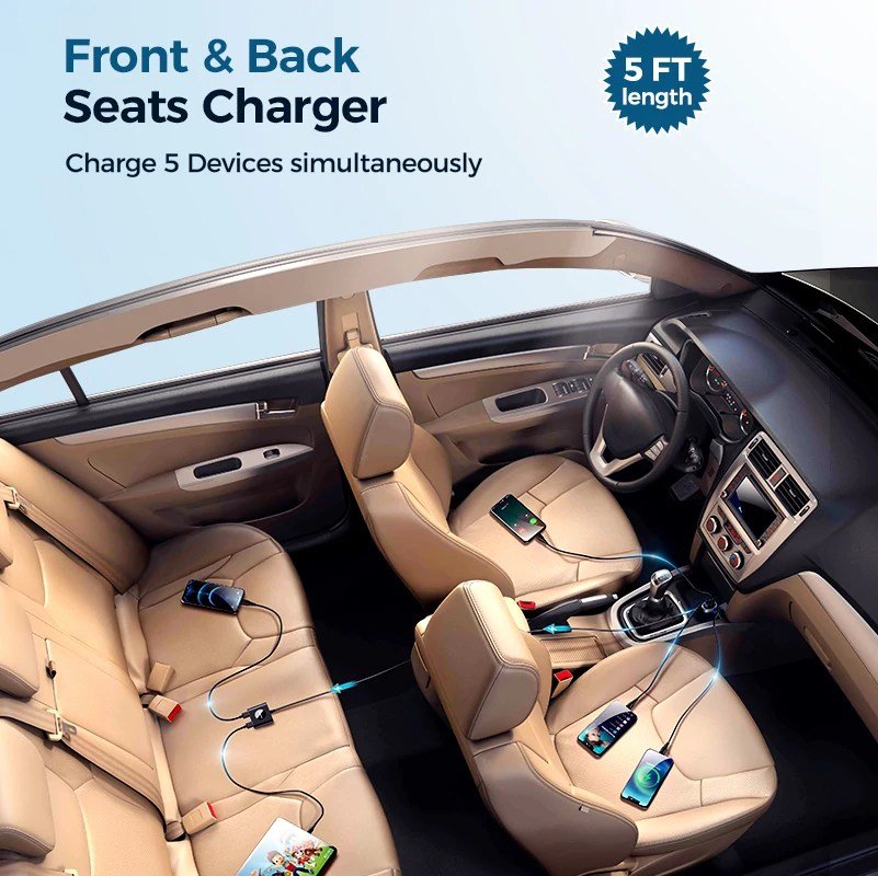 Original JOYROOM JR-CL05 72W Multi-port QC3.0+PD Fast Car Charger Adapter 5 Multi-port QC3.0+PD Fast Car Charger Adapter 5ft cable for Front/Back Seat Charging