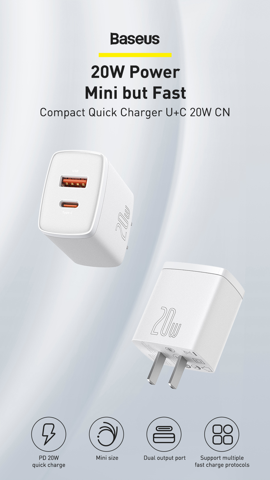 Original Baseus Compact Super Quick Charger Dual Port U+C 20W CN for iPhone cccp20uc Baseus Compact Quick Charger UC 20W CN CCXJ 01 4
