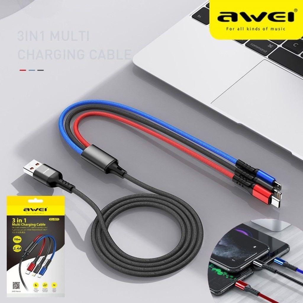 Original Awei CL-971 3 In 1 USB Cable (Micro, iPhone, Type-C)